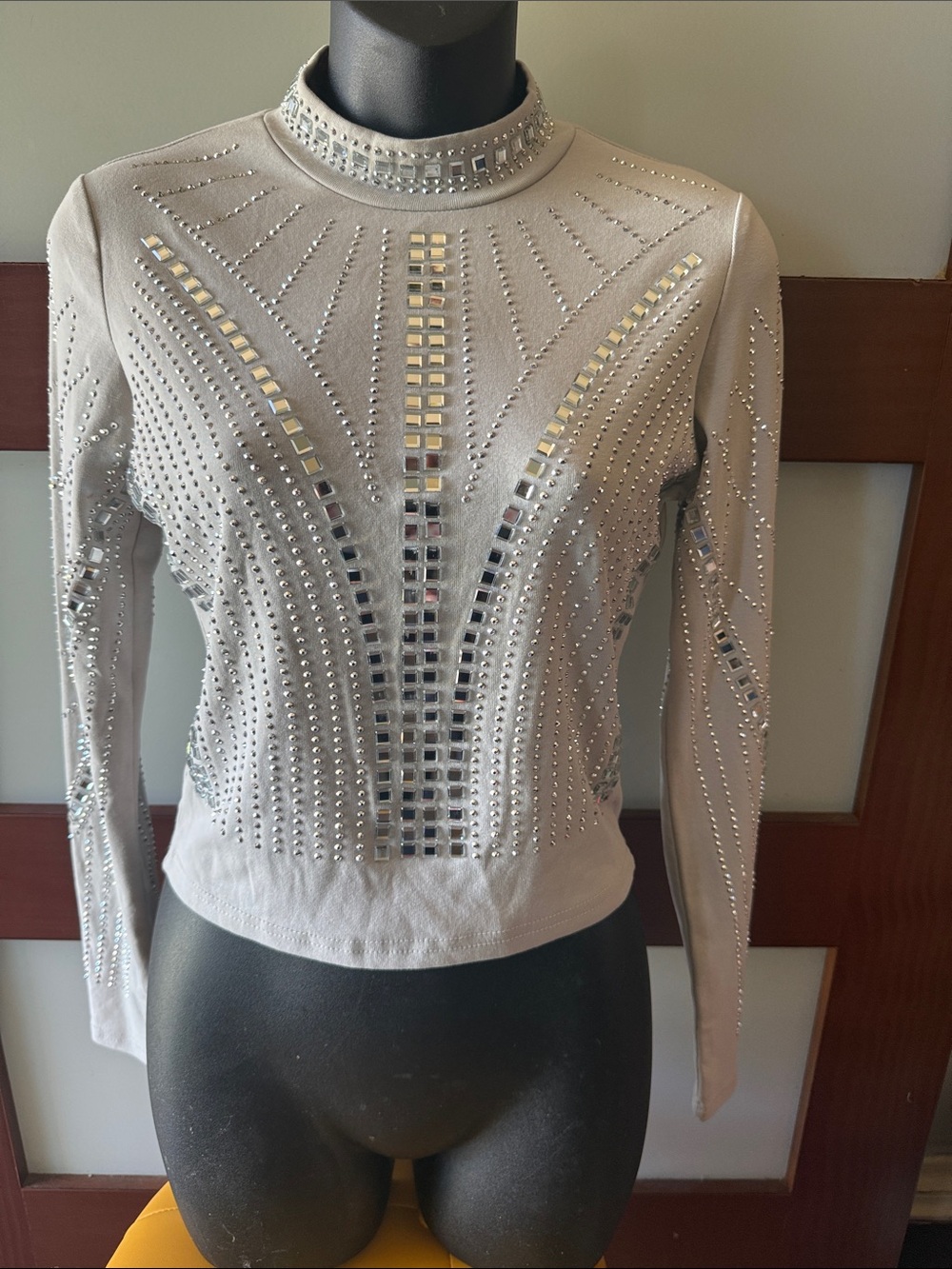 Embellished Silver-Gray Studded Long Sleeve Top